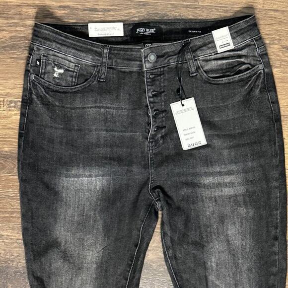 Judy Blue Women's High Waist Skinny Exposed Button Fly Destroyed Black JB88129 - Picture 4 of 4